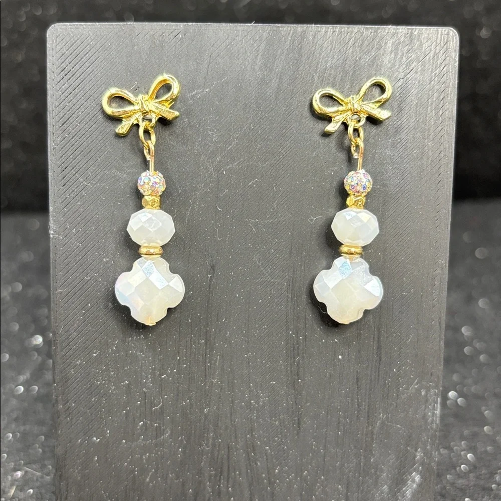Gold Bow Opal Crystal Clover Earrings